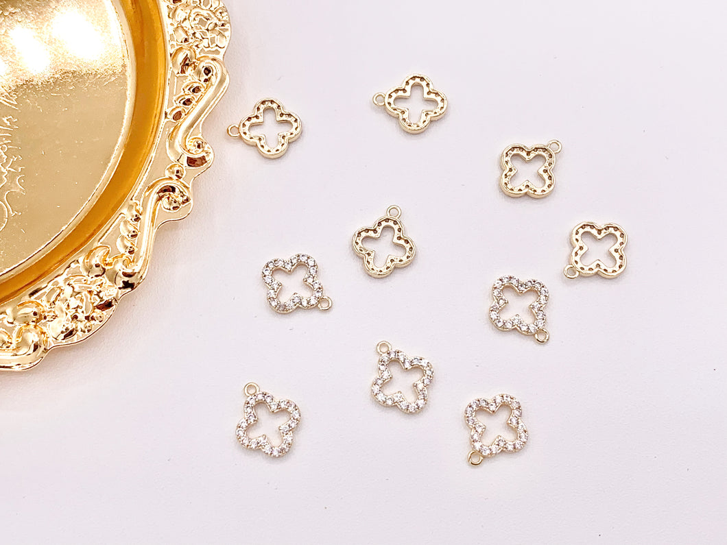 Real Gold 18K Plated Micro CZ Flower Quatrefoil Clover Pave Charms Over Brass 10pcs