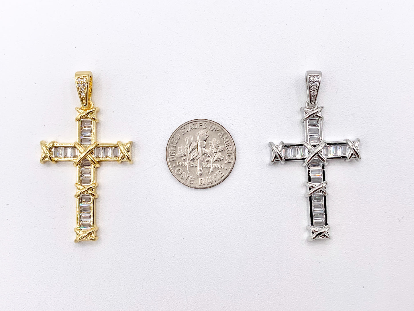 High Quality Cross Pendants in Real Gold/Platinum 18K Plated Micro CZ Baguette Pave Cross Pendant Over Copper 4 pcs