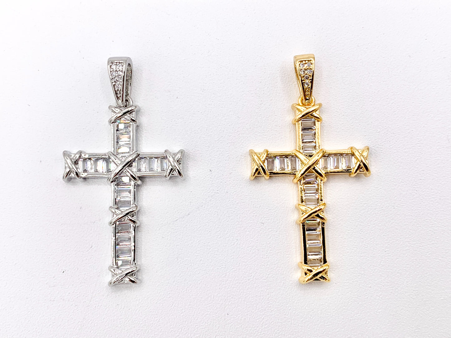 High Quality Cross Pendants in Real Gold/Platinum 18K Plated Micro CZ Baguette Pave Cross Pendant Over Copper 4 pcs