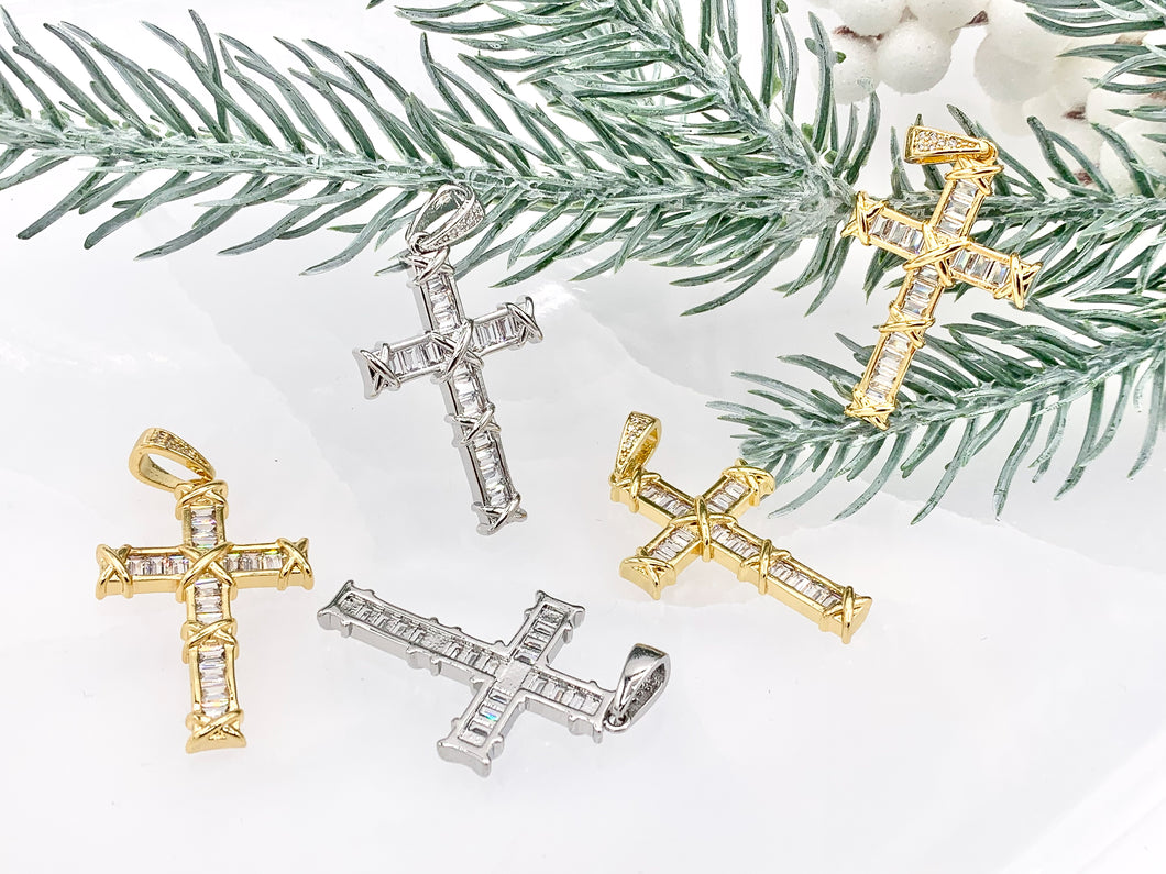 High Quality Cross Pendants in Real Gold/Platinum 18K Plated Micro CZ Baguette Pave Cross Pendant Over Copper 4 pcs