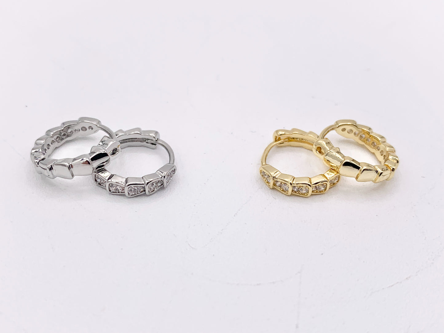 Dainty Cubic Zirconia 14mm Earring Huggies in 18K Gold or Silver Plated Copper 5 pairs