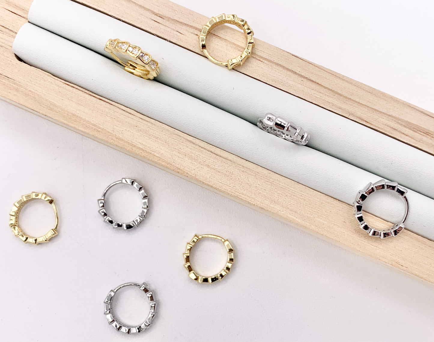 Dainty Cubic Zirconia 14mm Earring Huggies in 18K Gold or Silver Plated Copper 5 pairs