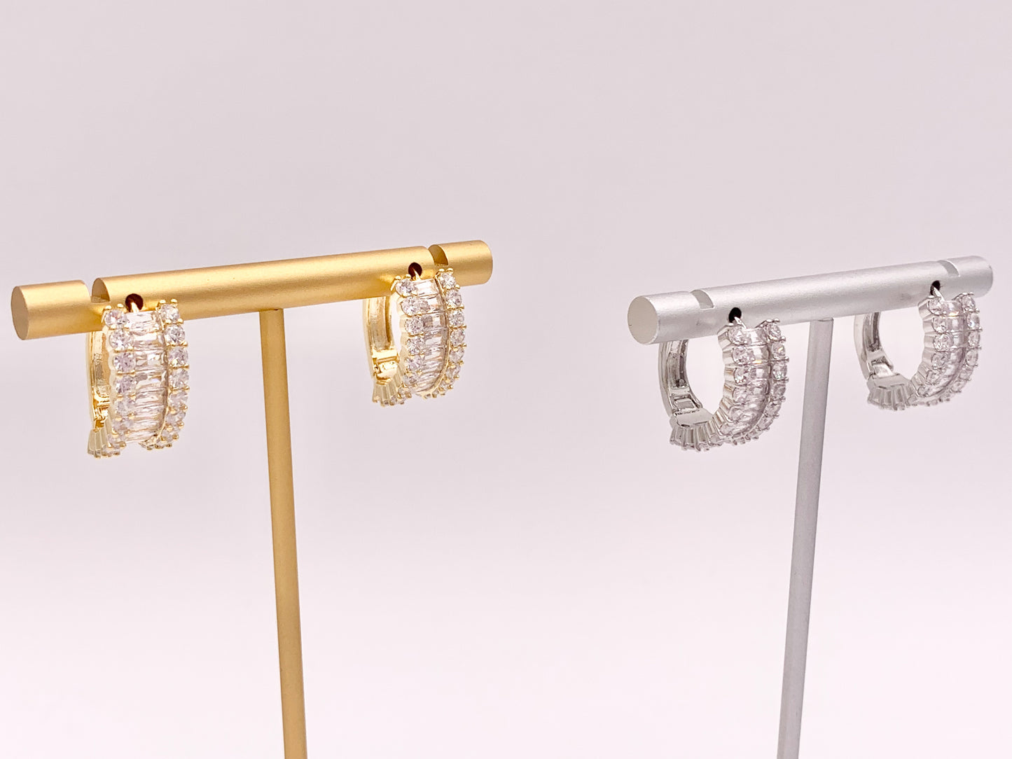 Striking Rhinestone Cubic Zirconia Pave Huggie Earrings in 18K gold or Silver Plated Copper 3 pairs