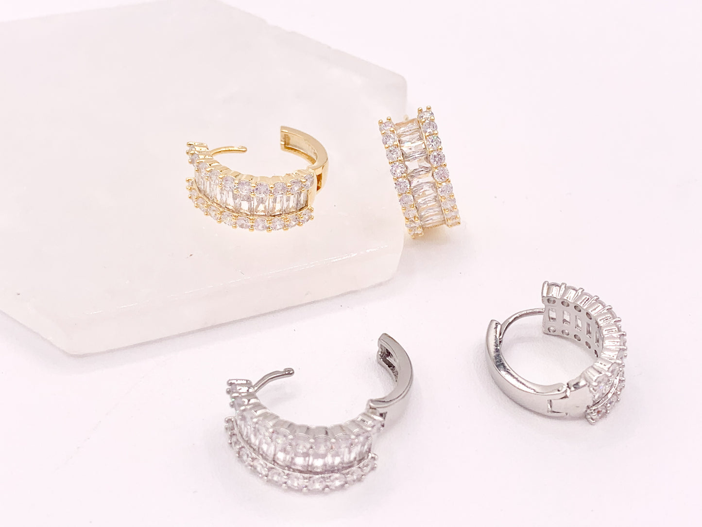 Striking Rhinestone Cubic Zirconia Pave Huggie Earrings in 18K gold or Silver Plated Copper 3 pairs
