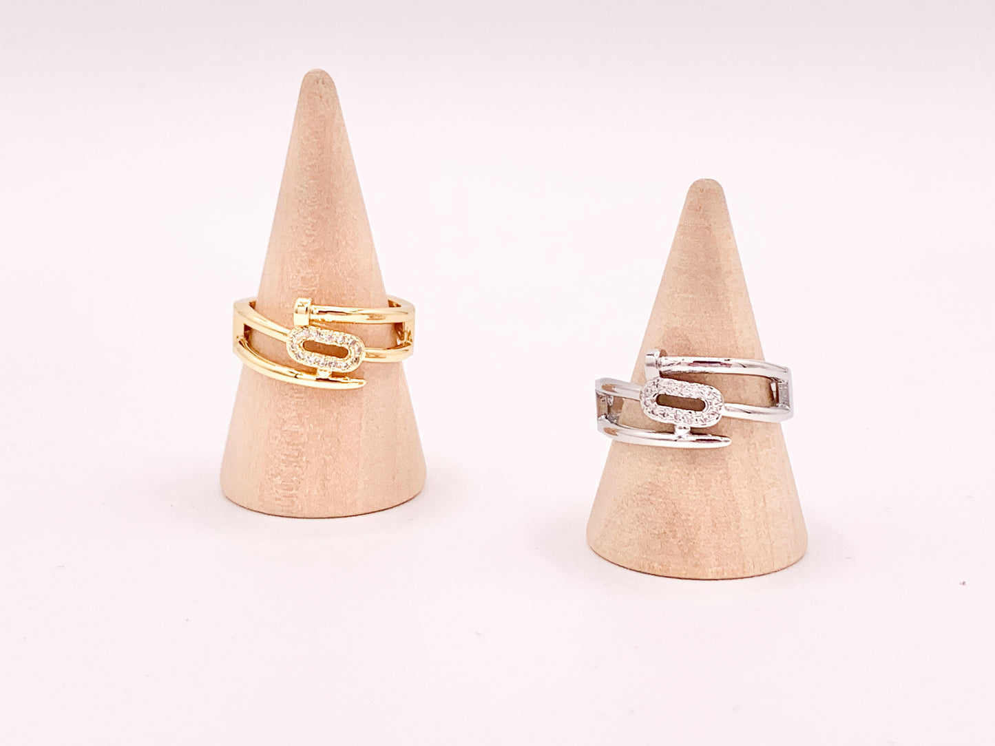 Trendy Rhinestone Oval CZ Pave Nail Bypass Rings in 18K Gold or Silver Plated Copper 4 pcs