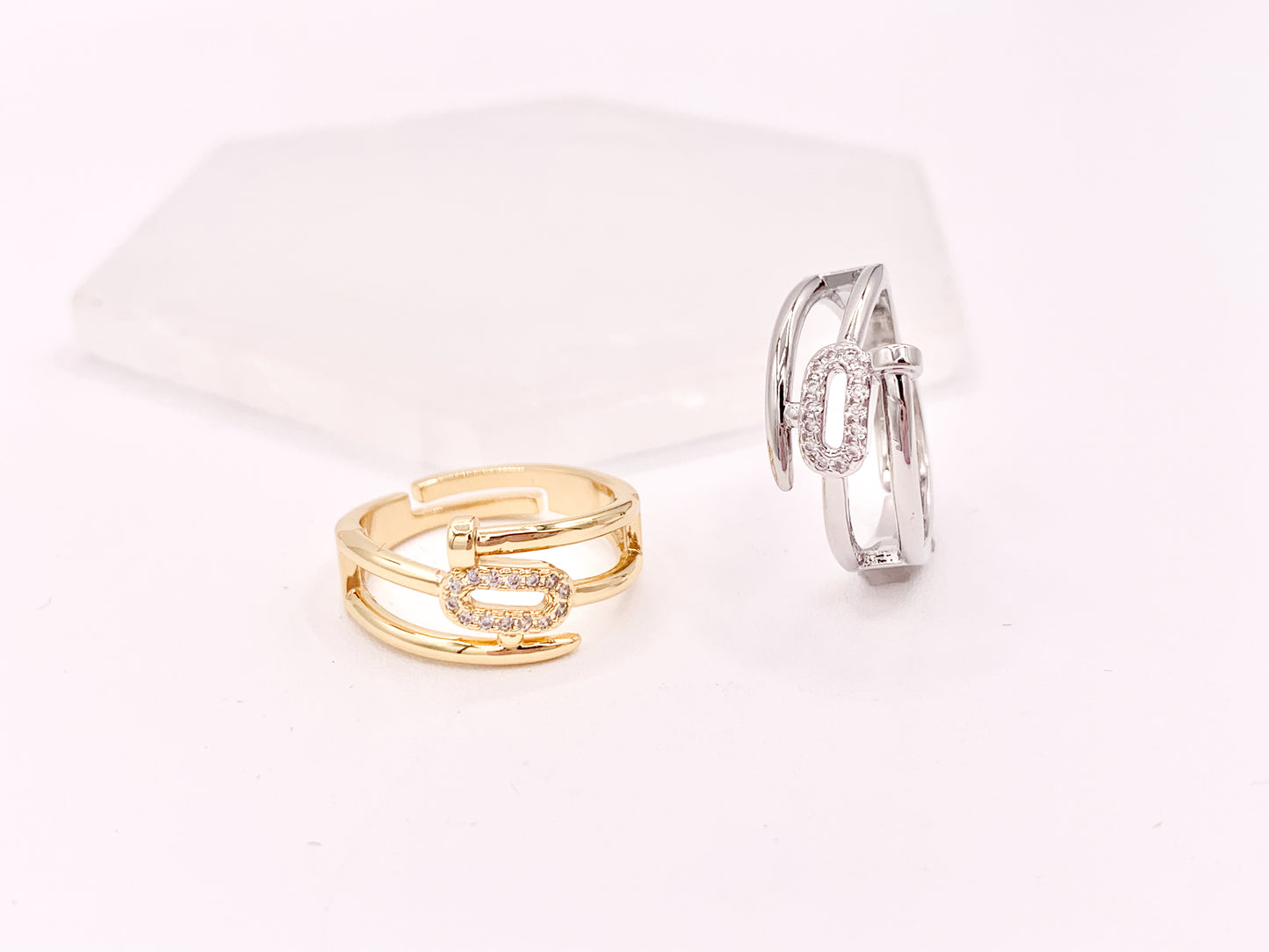 Trendy Rhinestone Oval CZ Pave Nail Bypass Rings in 18K Gold or Silver Plated Copper 4 pcs