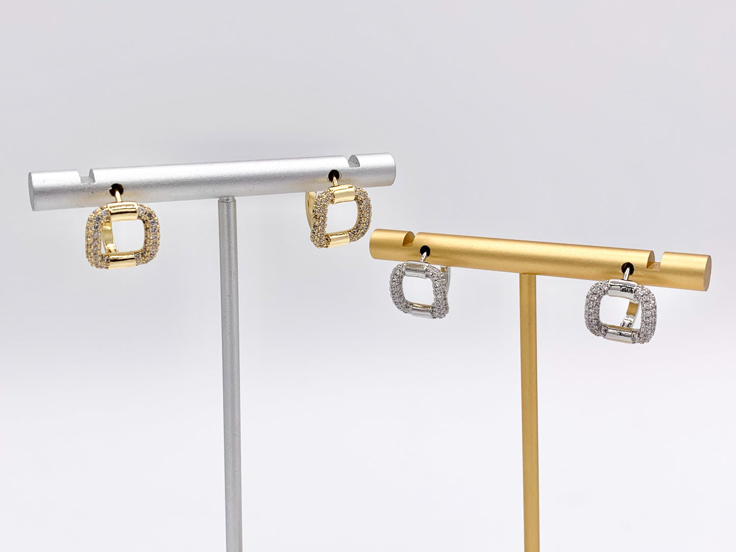 Rhinestone CZ Square 13mm Earring Huggies in 18K Gold or Silver Plated Copper 4 pairs