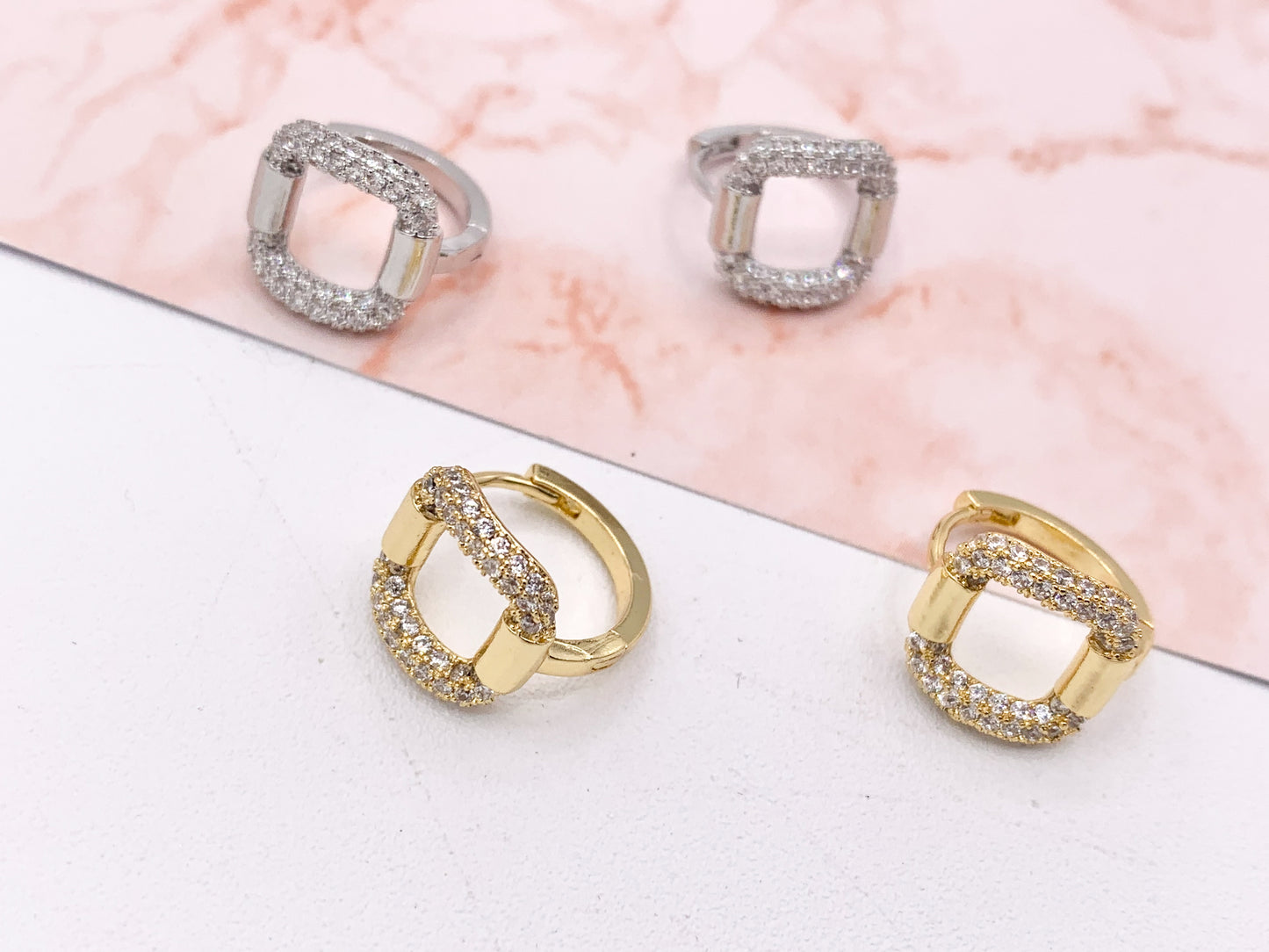 Rhinestone CZ Square 13mm Earring Huggies in 18K Gold or Silver Plated Copper 4 pairs