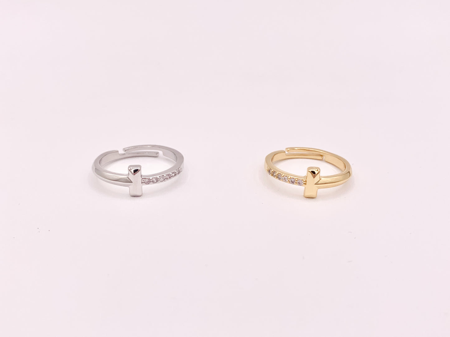 Simple Minimalist T Cross Rings in 18K Gold or Silver Plated Copper 4 pcs