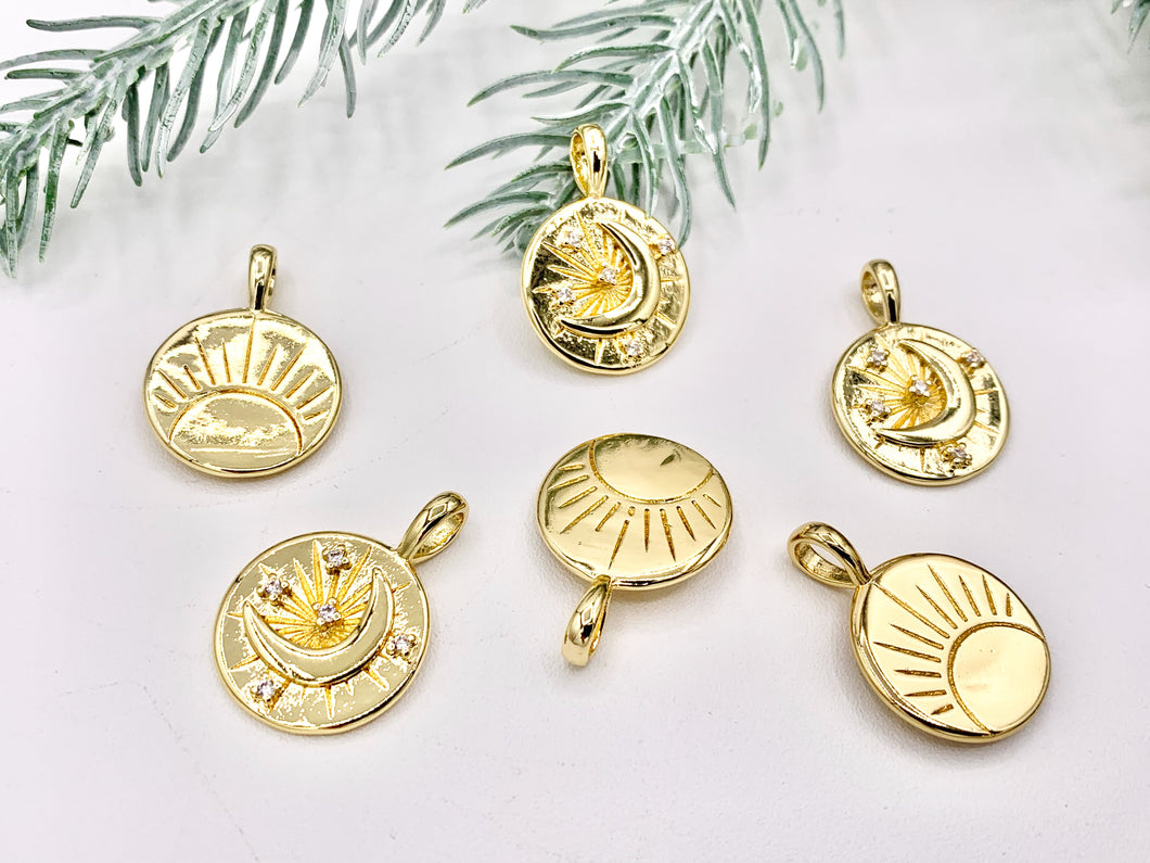 Double Sided Moon Sun Coin Pendant in 18K Gold plated Copper 8pcs