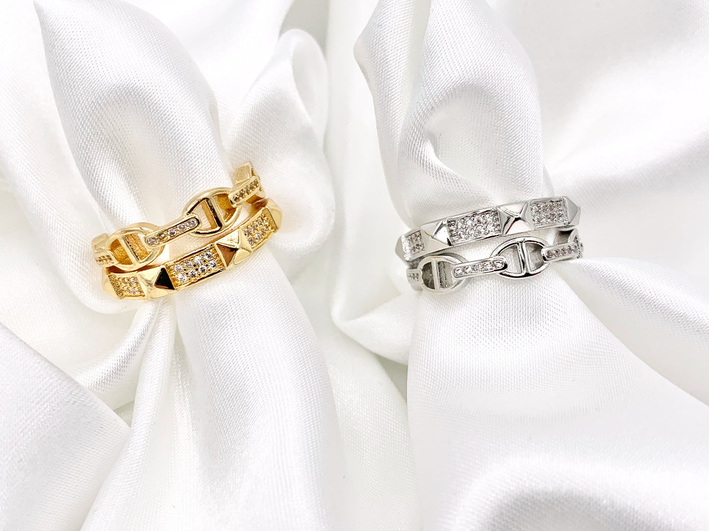 18K Gold and Platinum Plated Double Banded CZ Pave Spike Coffee Bean Mariner Adjustable Ring 4 pcs