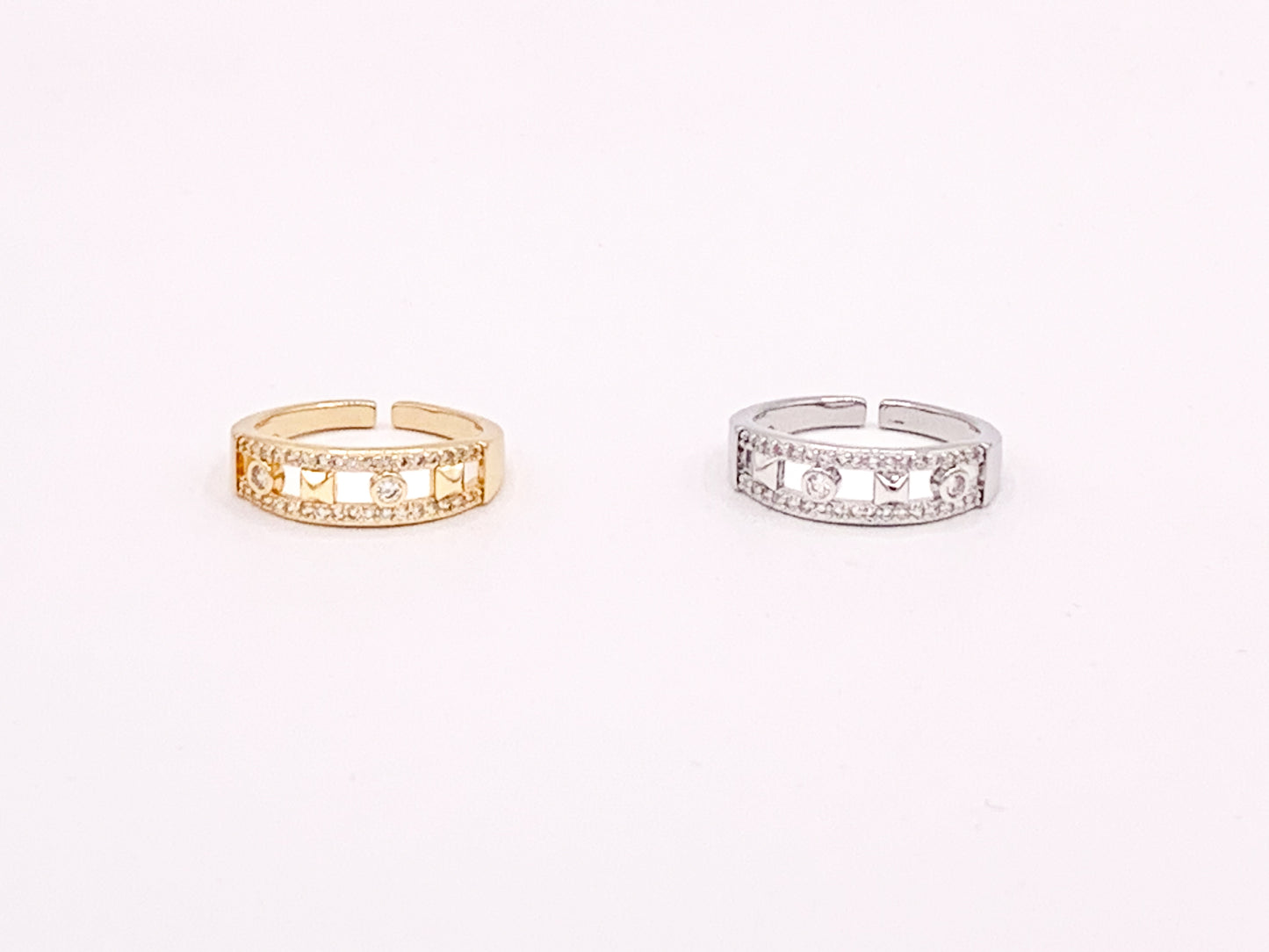 Cute Double Band CZ Pave Rhinestone Geometric Rings in 18K Gold or Silver Plated Copper 4 pcs