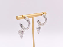 Load image into Gallery viewer, Double Hoop Heart Dangle Huggies in 18K Gold or Silver Plated Copper 3 pairs
