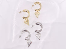 Load image into Gallery viewer, Double Hoop Heart Dangle Huggies in 18K Gold or Silver Plated Copper 3 pairs
