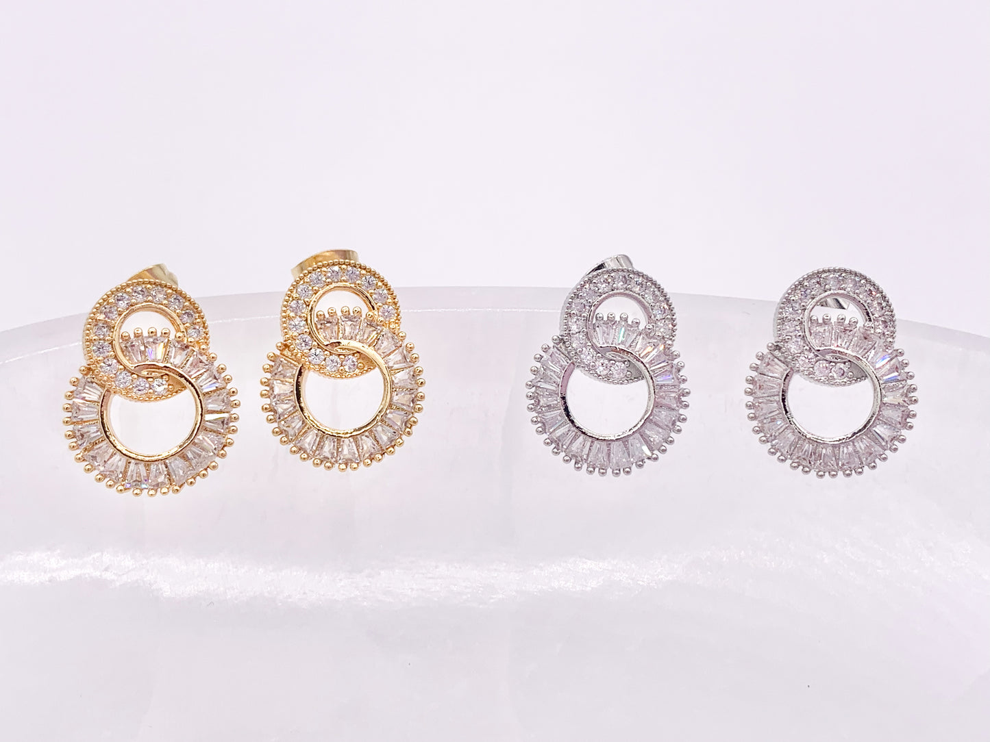 Double Circle Loop Interlock Earring Studs in Rhinestone CZ Pave Designed in 18K Gold or Silver Plated Copper 3 pairs