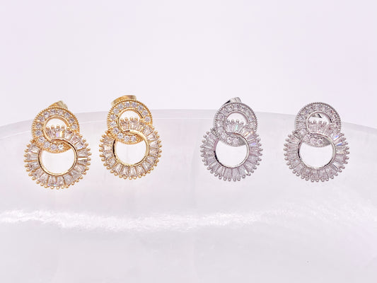 Double Circle Loop Interlock Earring Studs in Rhinestone CZ Pave Designed in 18K Gold or Silver Plated Copper 3 pairs