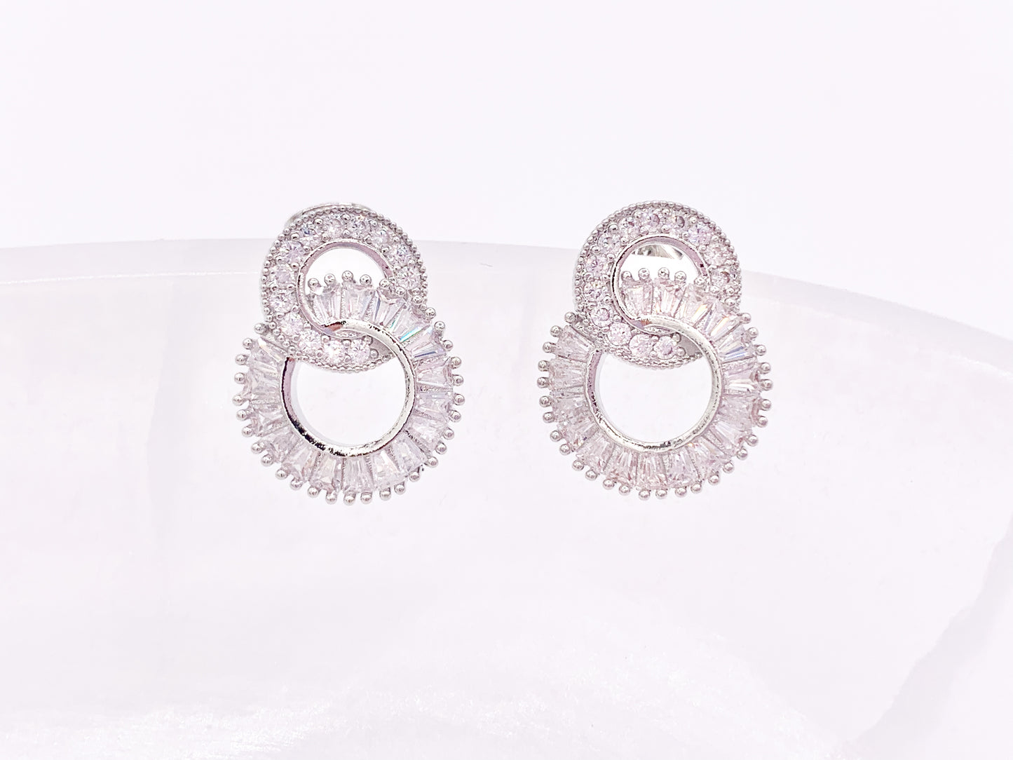 Double Circle Loop Interlock Earring Studs in Rhinestone CZ Pave Designed in 18K Gold or Silver Plated Copper 3 pairs