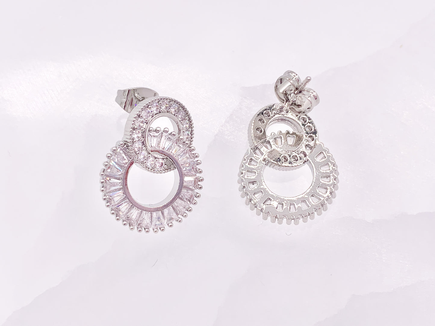 Double Circle Loop Interlock Earring Studs in Rhinestone CZ Pave Designed in 18K Gold or Silver Plated Copper 3 pairs