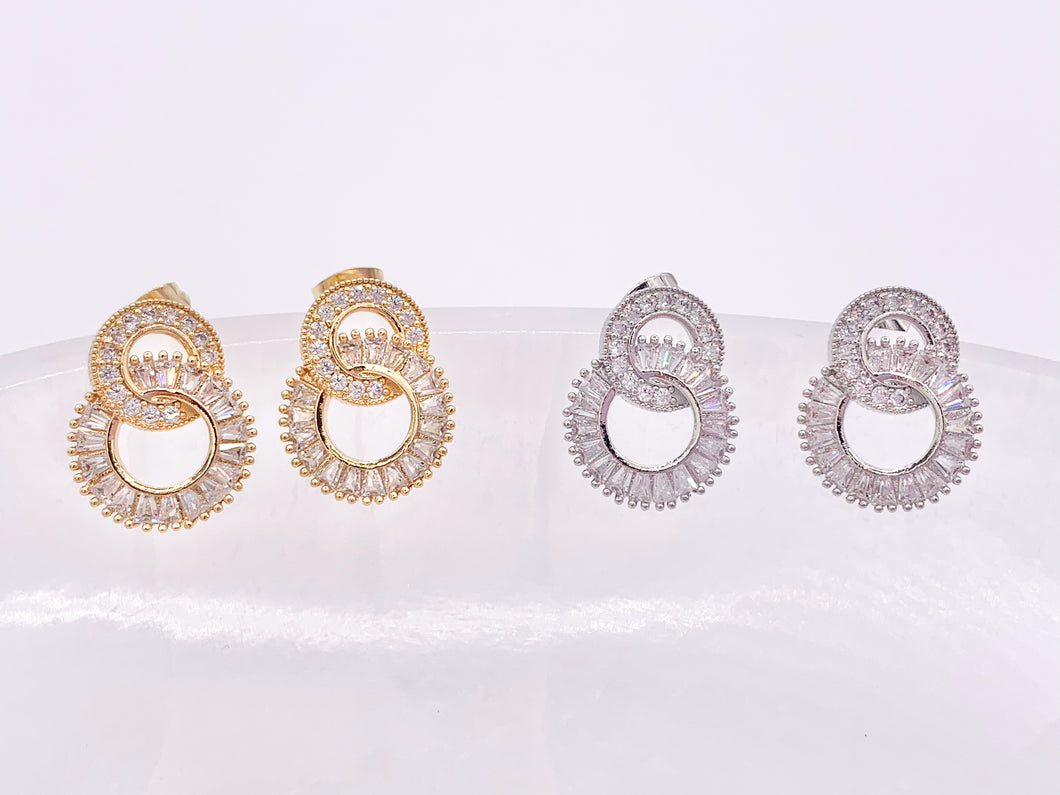 Double Circle Loop Interlock Earring Studs in Rhinestone CZ Pave Designed in 18K Gold or Silver Plated Copper 3 pairs