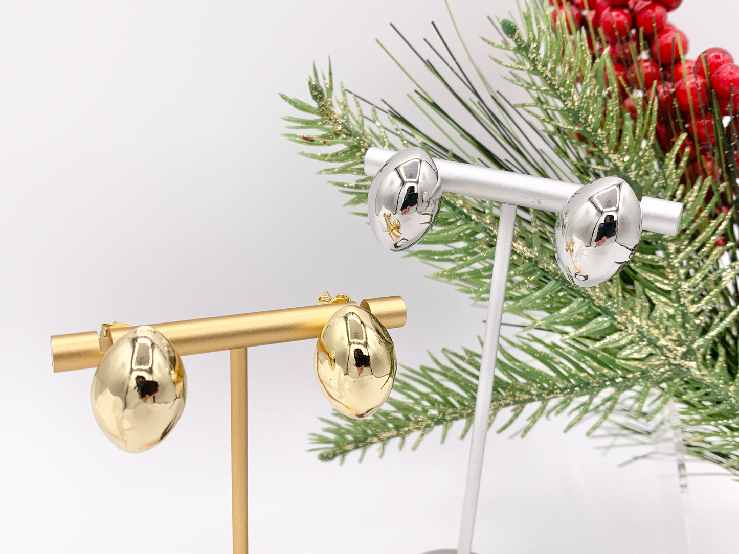 Lightweight Oval Puffy Earrings in 18K Gold or Silver Plated Copper 3 pairs