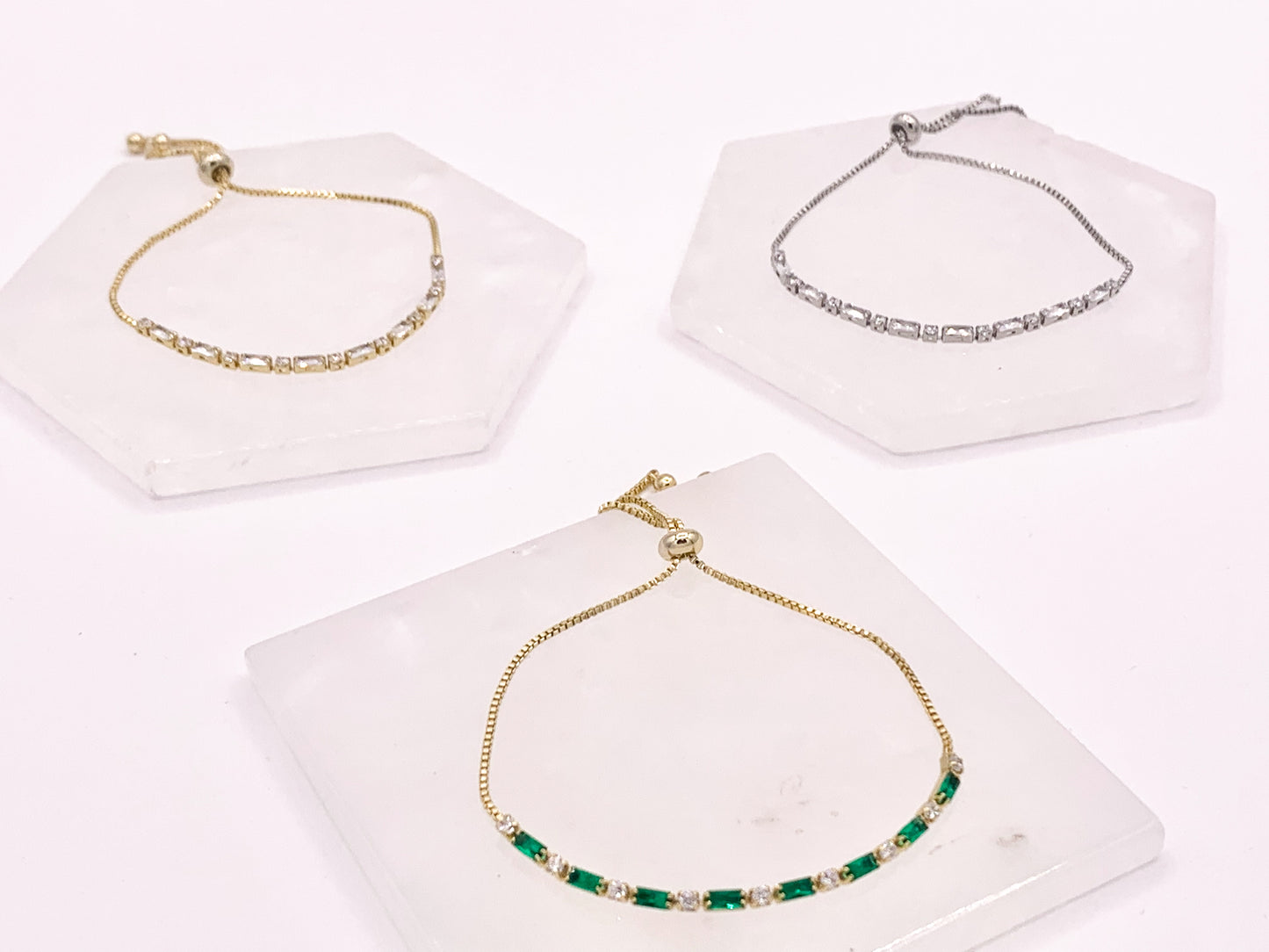 Dainty Emerald Cut CZ Pave Rhinestone Box Chain Dainty Slide Adjustable Bracelets 4 pcs