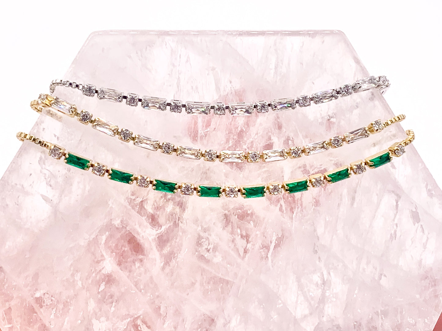 Dainty Emerald Cut CZ Pave Rhinestone Box Chain Dainty Slide Adjustable Bracelets 4 pcs