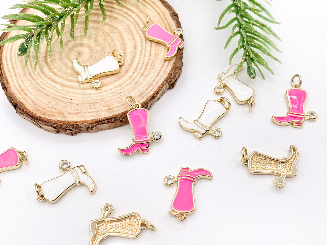 Pink White Western Cowboy Boots Texas Ranch One Sided Enamel Pendant Charms in CZ Pave 18K Gold Plated Copper 8pcs