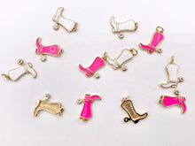 Load image into Gallery viewer, Pink White Western Cowboy Boots Texas Ranch One Sided Enamel Pendant Charms in CZ Pave 18K Gold Plated Copper 8pcs
