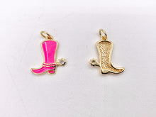 Load image into Gallery viewer, Pink White Western Cowboy Boots Texas Ranch One Sided Enamel Pendant Charms in CZ Pave 18K Gold Plated Copper 8pcs
