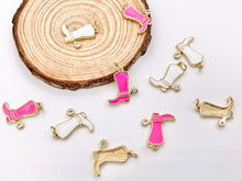 Load image into Gallery viewer, Pink White Western Cowboy Boots Texas Ranch One Sided Enamel Pendant Charms in CZ Pave 18K Gold Plated Copper 8pcs
