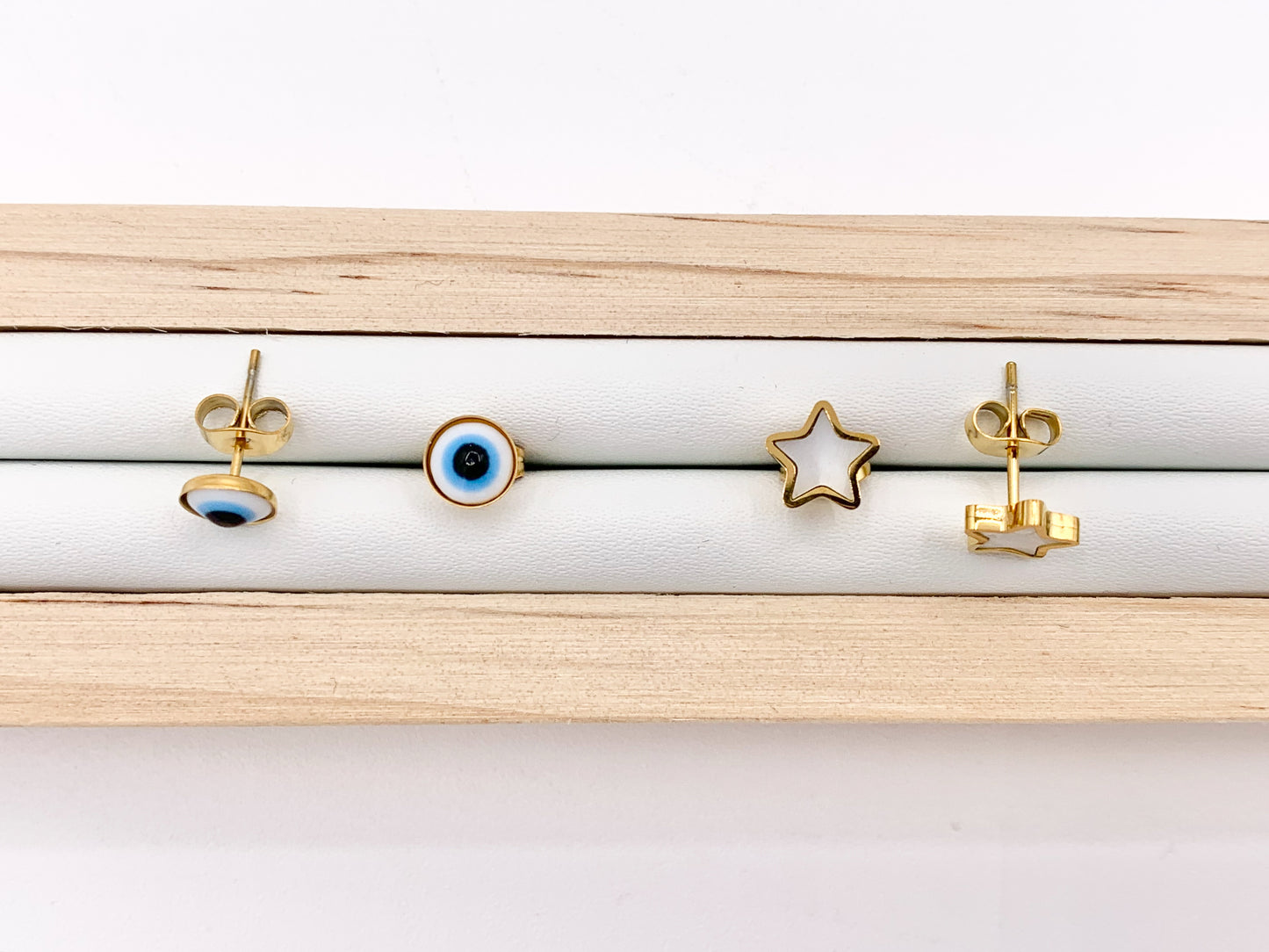 Stainless Steel Shell Star Evil Eye Earring Studs in 18K Gold plated Stainless Steel 5 pairs