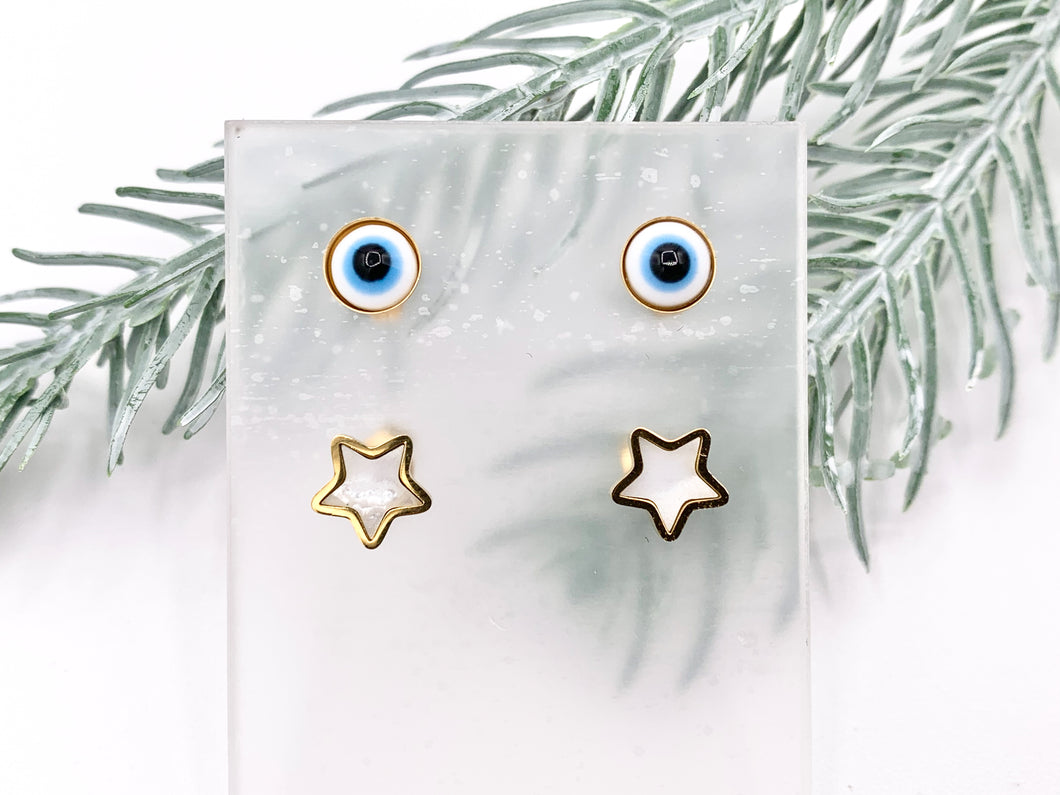 Stainless Steel Shell Star Evil Eye Earring Studs in 18K Gold plated Stainless Steel 5 pairs