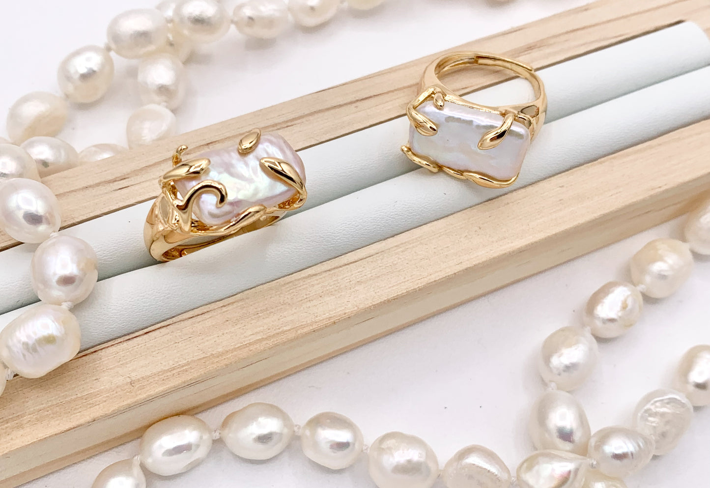 Freshwater Pearl Rings in 18K Real Gold Plated Copper Adjustable Statement Ring 4 pcs