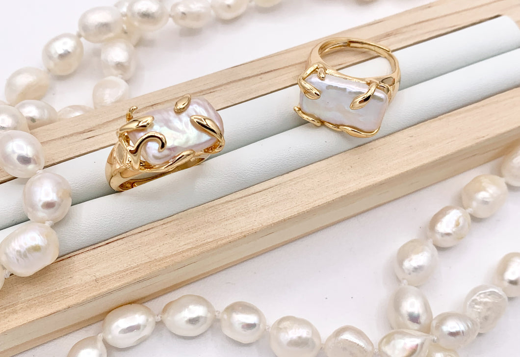 Freshwater Pearl Rings in 18K Real Gold Plated Copper Adjustable Statement Ring 4 pcs