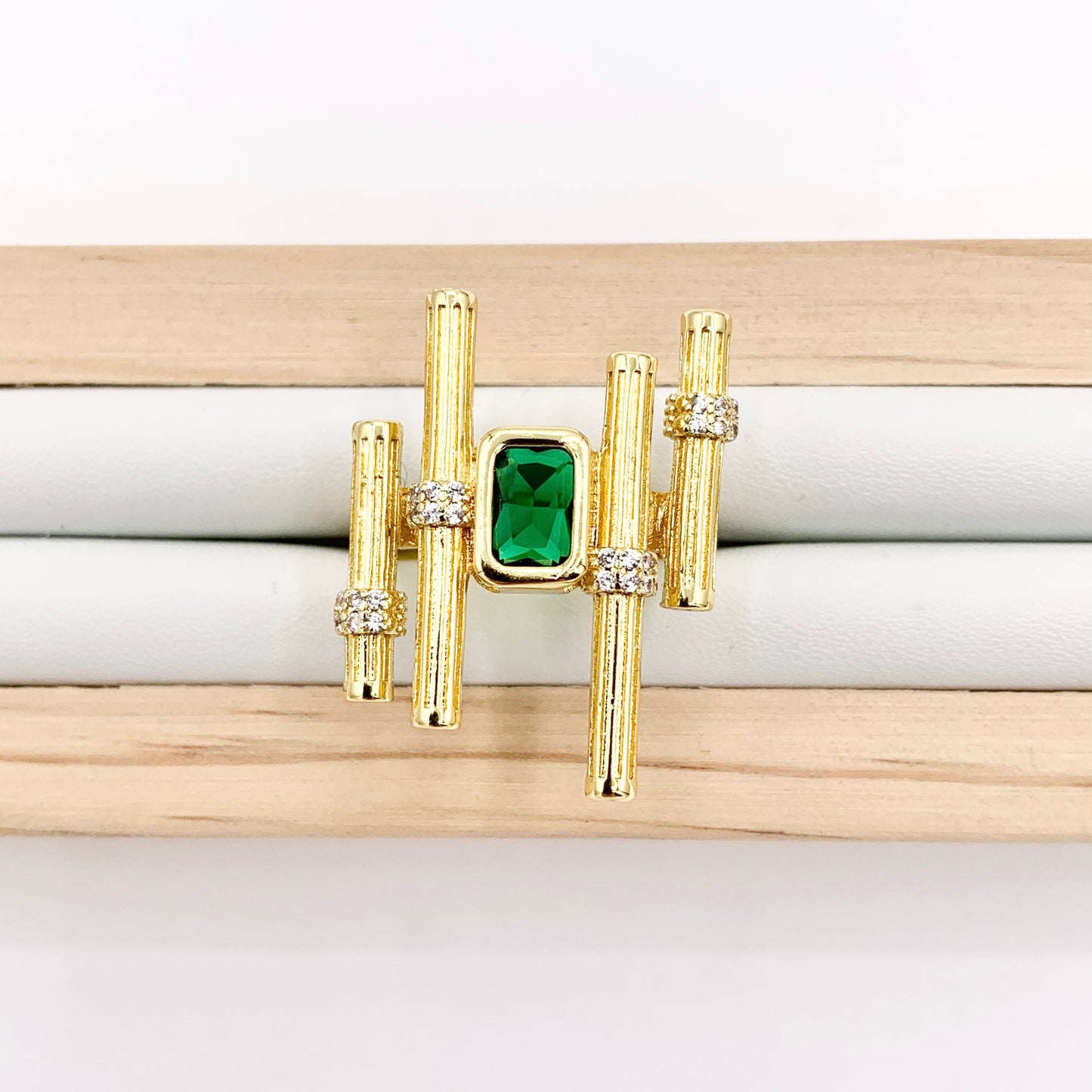 Statement Cocktail Architectural Geometric Art-Deco Inspired Ring in Green CZ Pave Adjustable Rings in 18K Gold Plated Copper 4 pcs