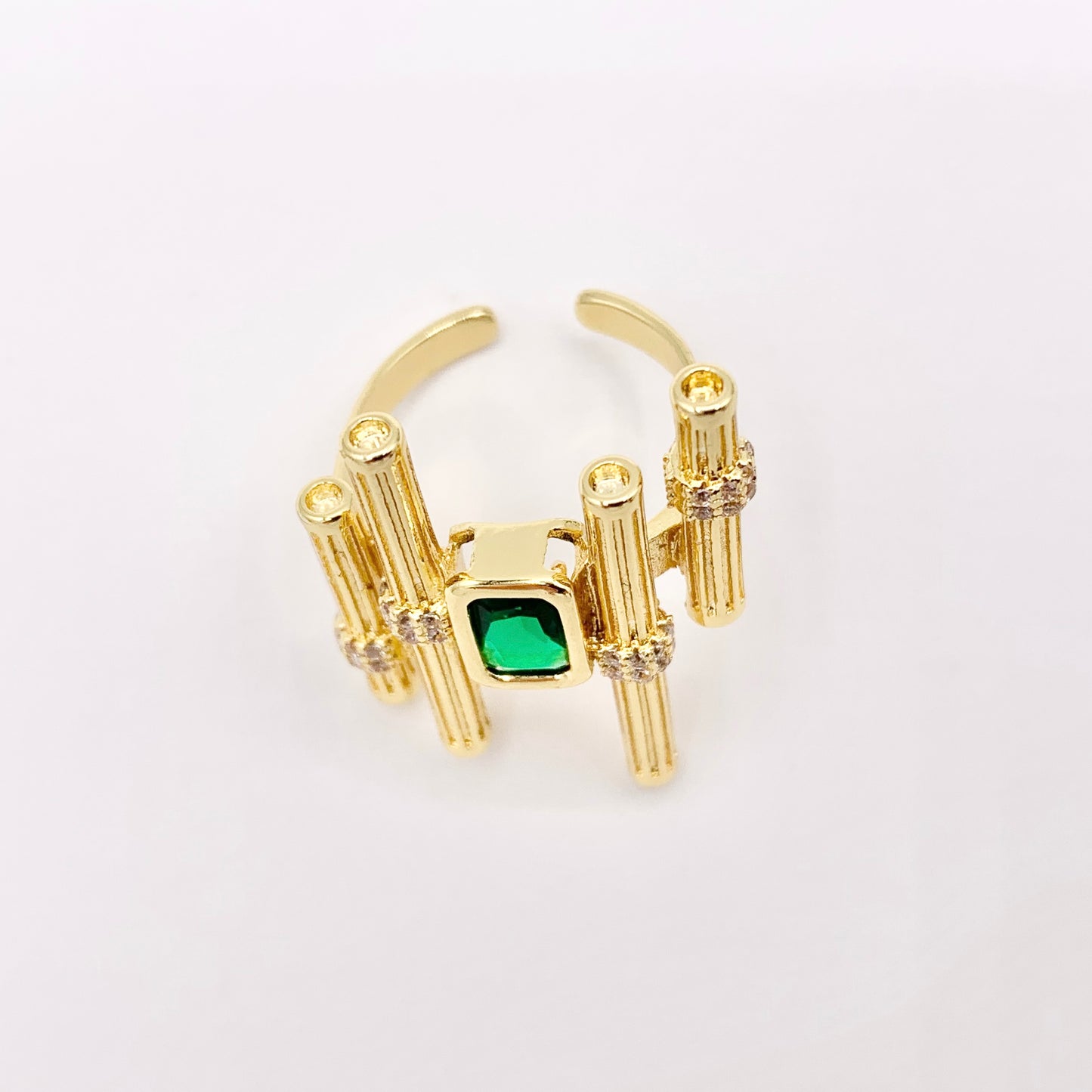 Statement Cocktail Architectural Geometric Art-Deco Inspired Ring in Green CZ Pave Adjustable Rings in 18K Gold Plated Copper 4 pcs