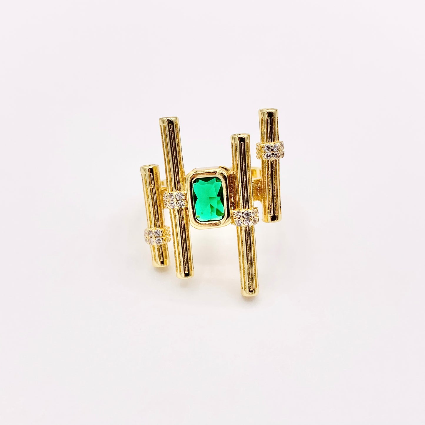 Statement Cocktail Architectural Geometric Art-Deco Inspired Ring in Green CZ Pave Adjustable Rings in 18K Gold Plated Copper 4 pcs
