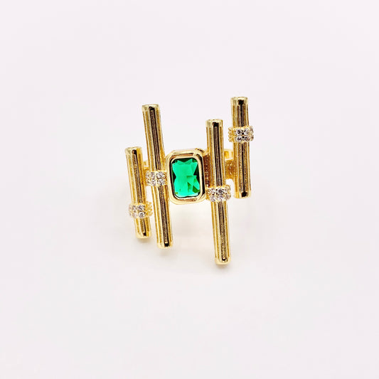 Statement Cocktail Architectural Geometric Art-Deco Inspired Ring in Green CZ Pave Adjustable Rings in 18K Gold Plated Copper 4 pcs