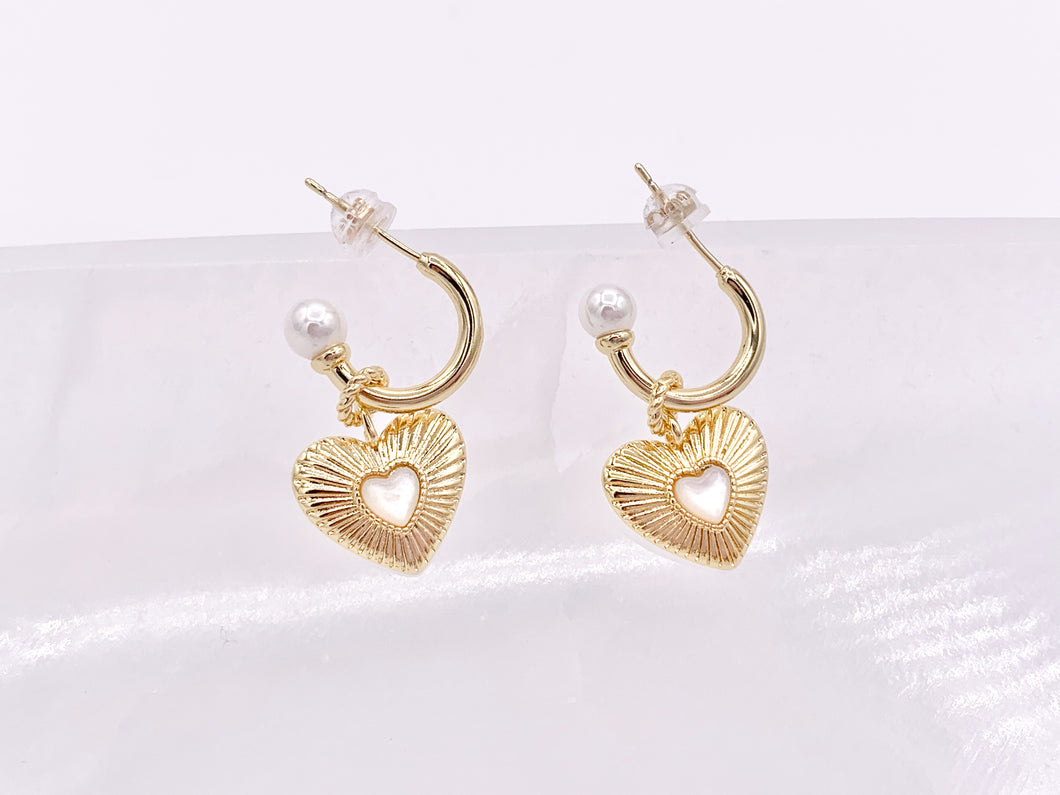 Cute Dangle Heart Huggie Earrings with Pearl Shell in 18K Gold Plated Copper 3 pair