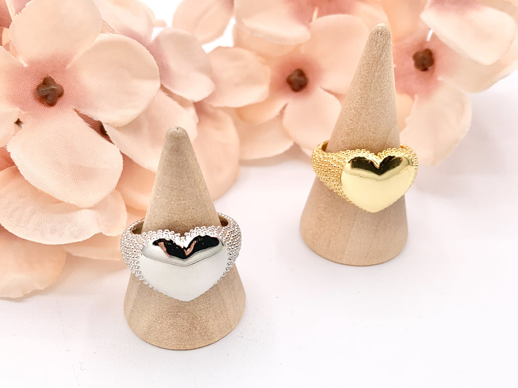 Statement Signet Heart Real Gold/Silver 18K Plated Copper Heart Signet Adjustable Ring 5 pcs