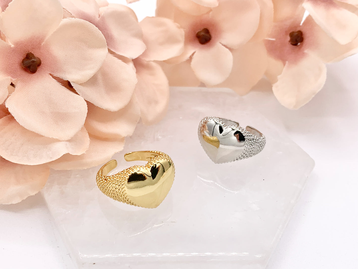 Statement Signet Heart Real Gold/Silver 18K Plated Copper Heart Signet Adjustable Ring 5 pcs