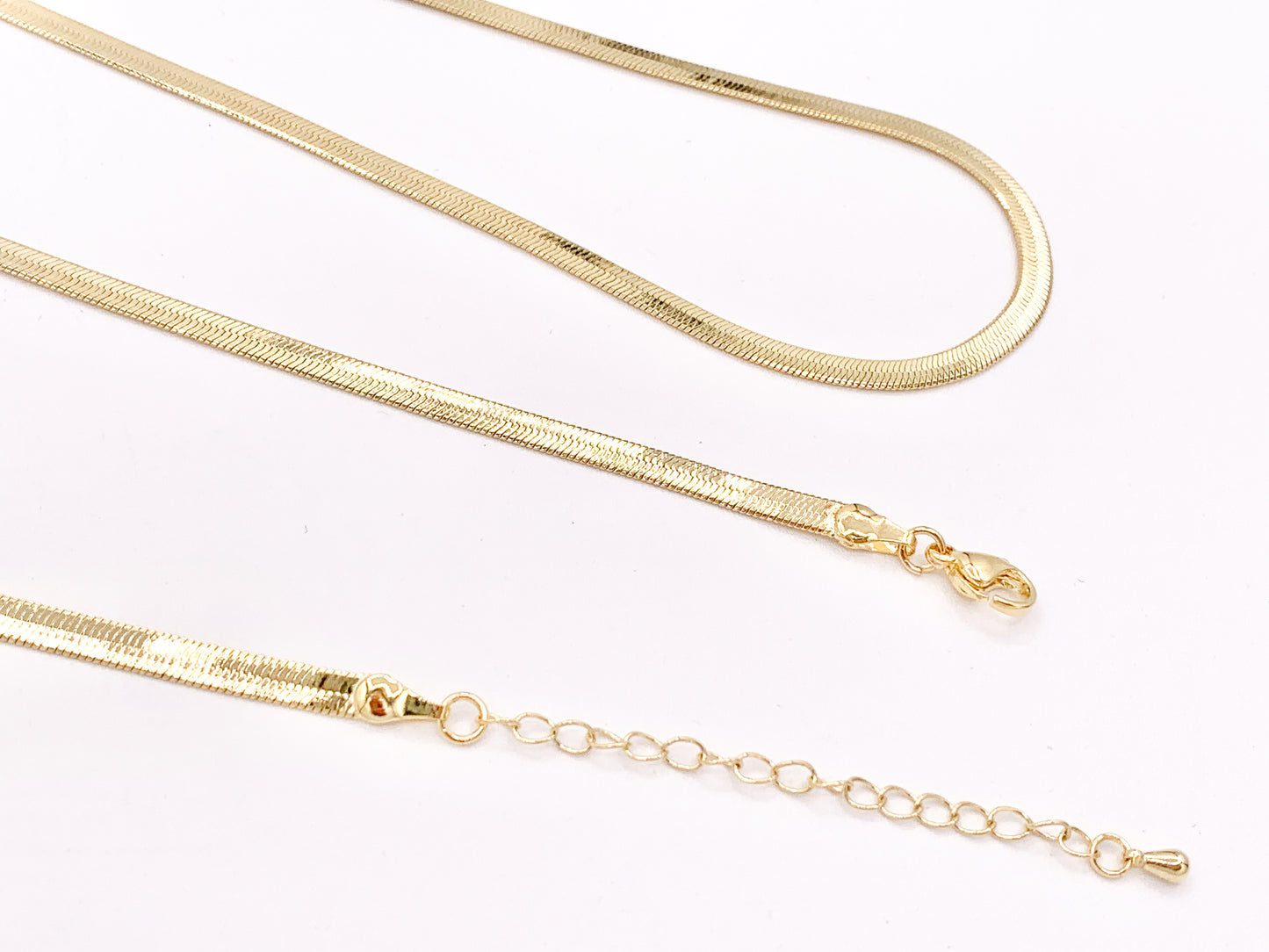 Herringbone Flat Step Cut Snake Chain Necklace 18" with Extension in 18K Gold Plated Copper 10pcs