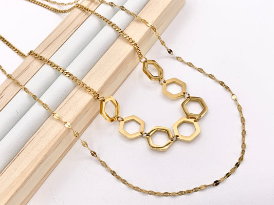 Dainty 2 Layers Honeycomb Hexagon Link Necklace Gold Plated Stainless Steel Dainty Flexible Minimalist Finished Necklace 14" with Extension 1 pc