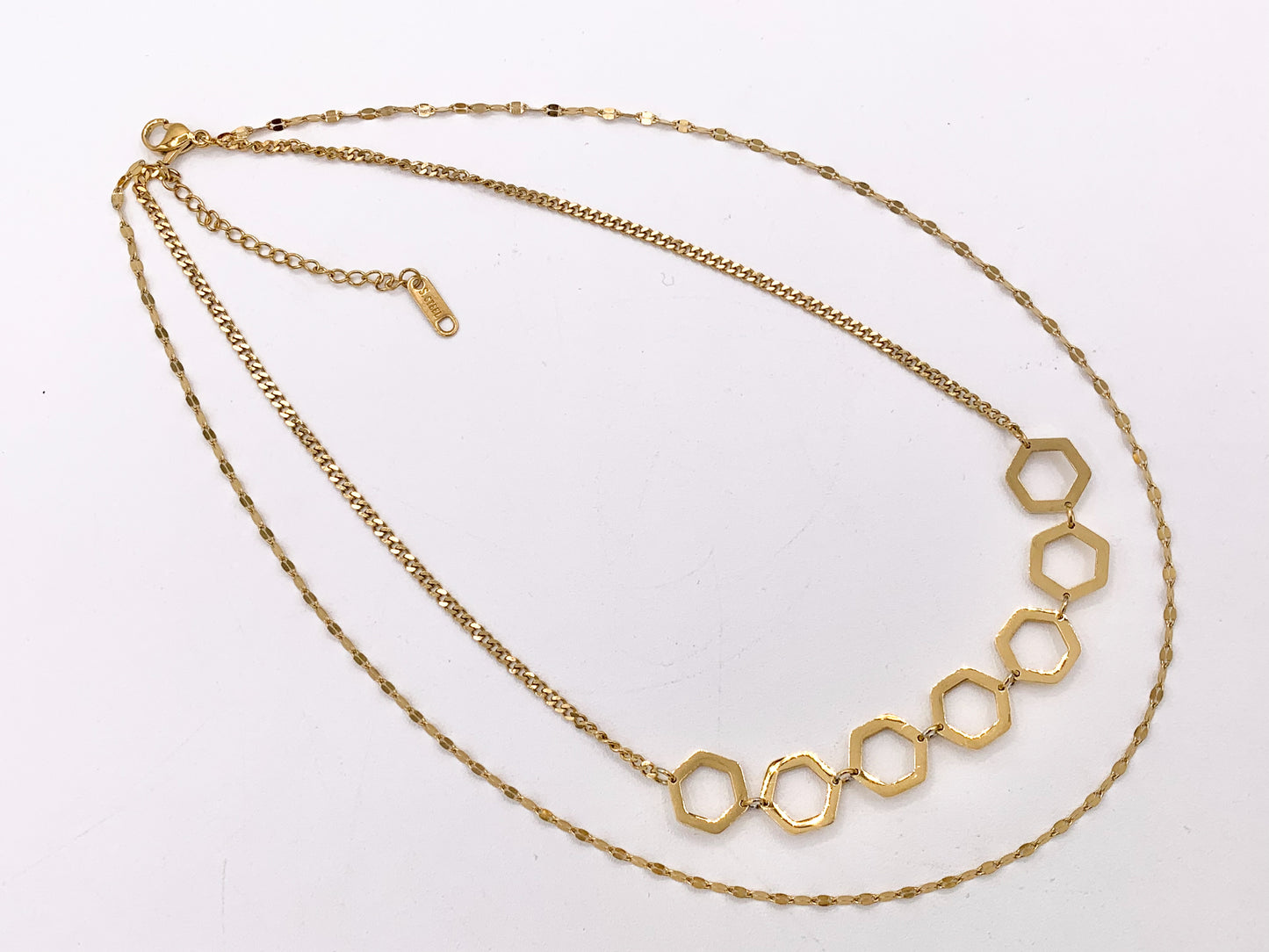 Dainty 2 Layers Honeycomb Hexagon Link Necklace Gold Plated Stainless Steel Dainty Flexible Minimalist Finished Necklace 14" with Extension 1 pc