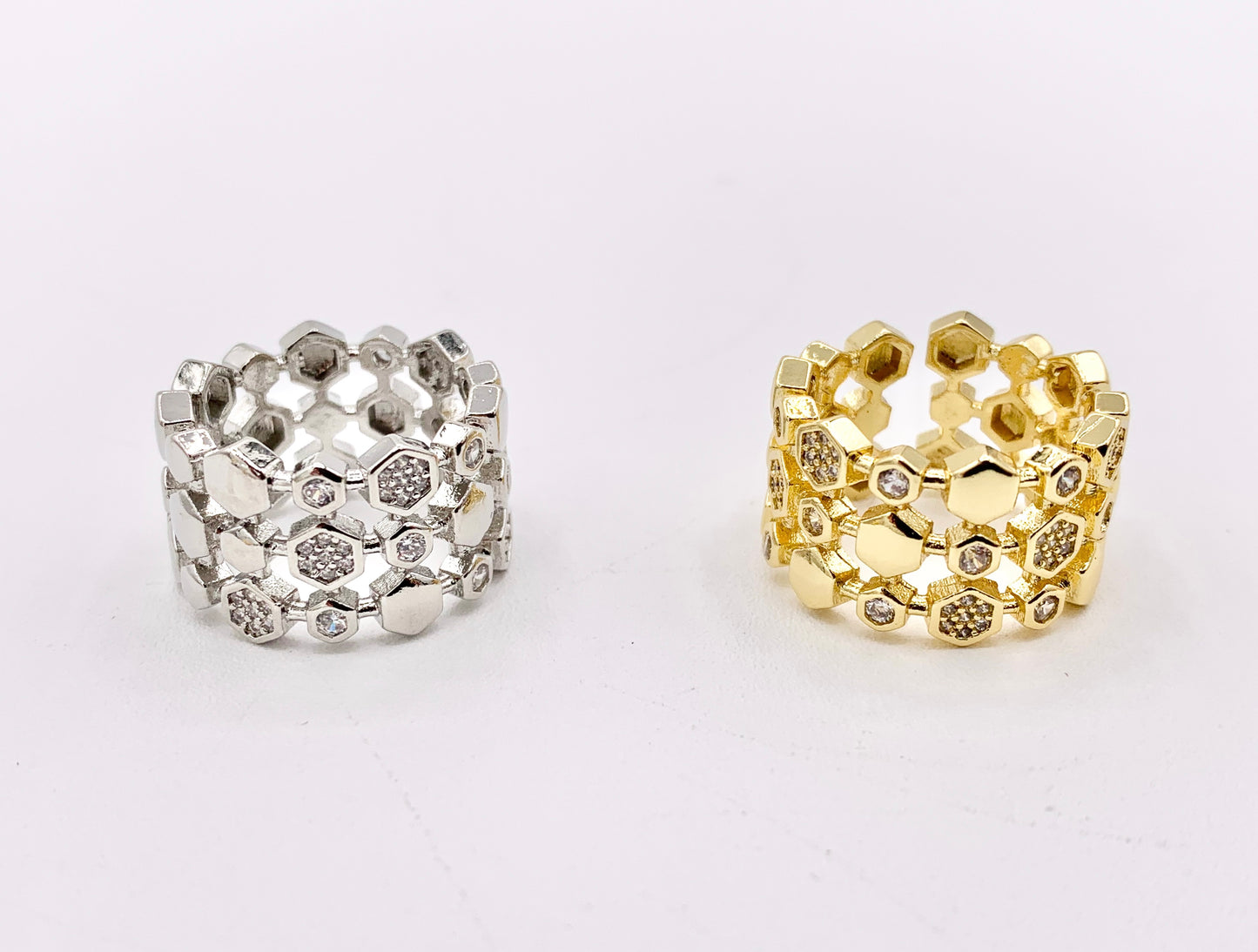 18K Gold and Platinum Plated Triple Banded CZ Pave Honeycomb Hexagon Adjustable Ring 4 pcs
