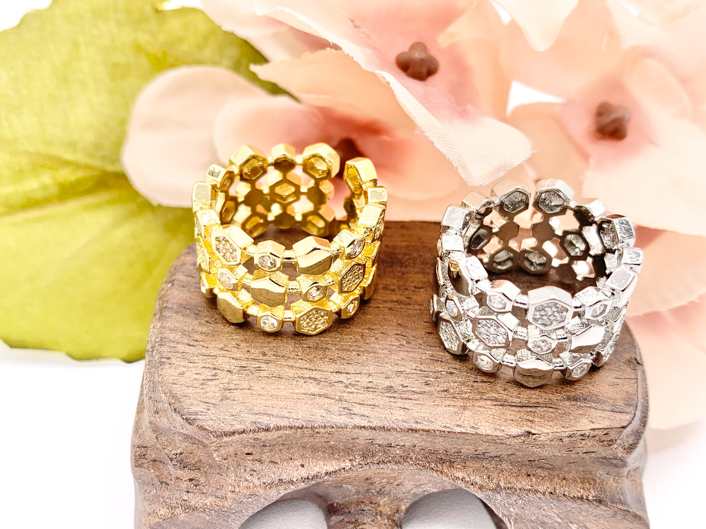 18K Gold and Platinum Plated Triple Banded CZ Pave Honeycomb Hexagon Adjustable Ring 4 pcs