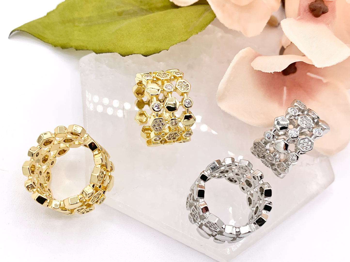 18K Gold and Platinum Plated Triple Banded CZ Pave Honeycomb Hexagon Adjustable Ring 4 pcs