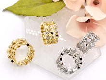 Load image into Gallery viewer, 18K Gold and Platinum Plated Triple Banded CZ Pave Honeycomb Hexagon Adjustable Ring 4 pcs
