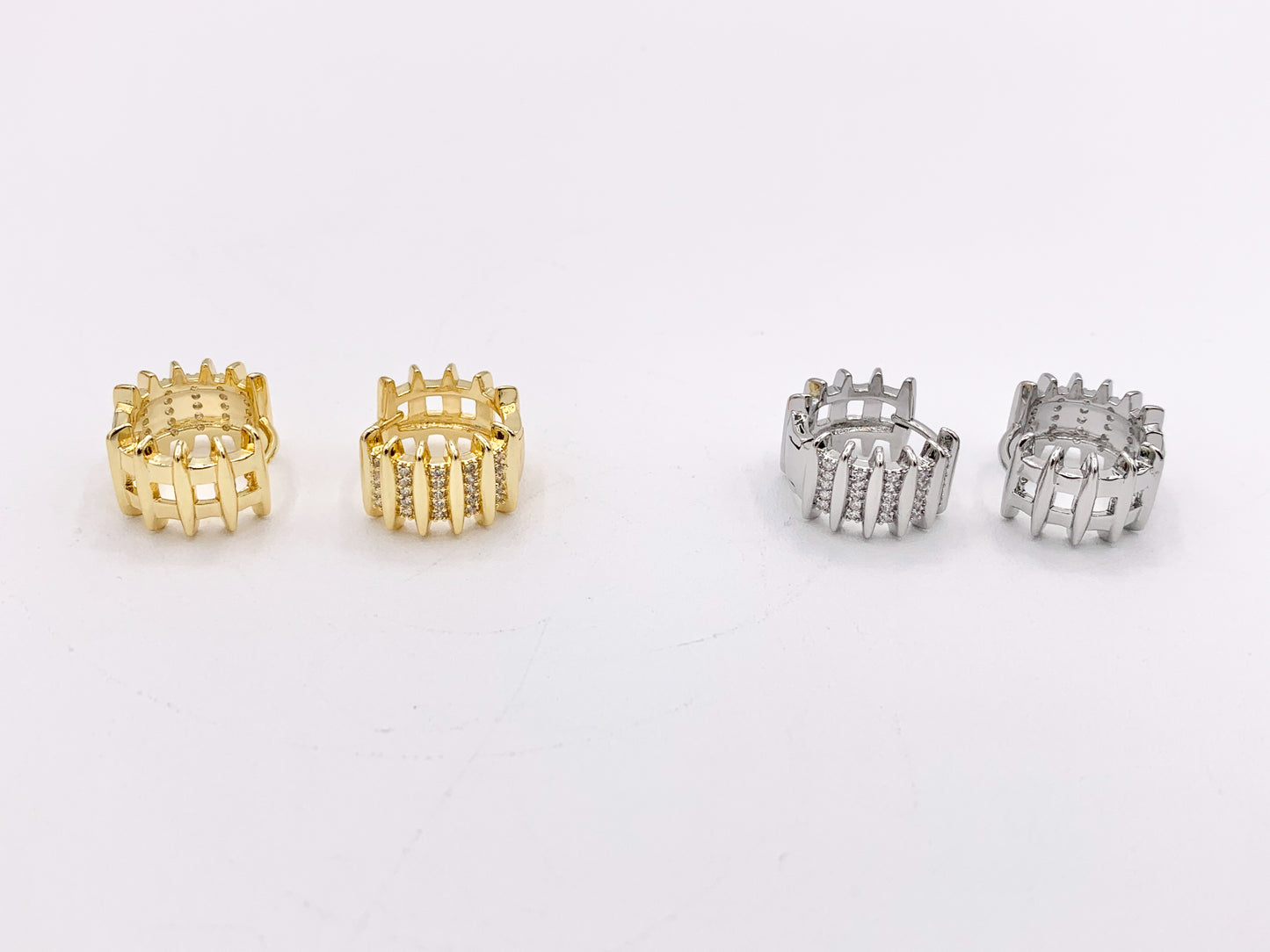 Horizontal Lined Micro Pave CZ Earring Huggies in Real 18K Gold/Silver Plated Copper 15mm 4 pairs