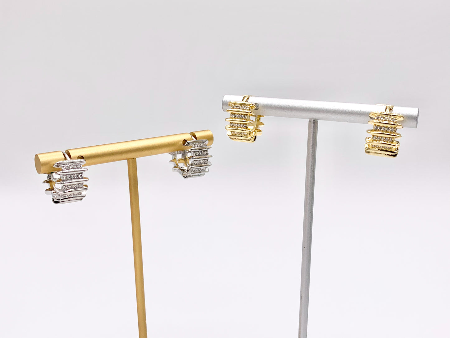 Horizontal Lined Micro Pave CZ Earring Huggies in Real 18K Gold/Silver Plated Copper 15mm 4 pairs